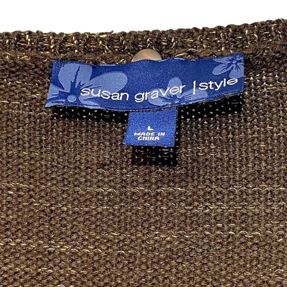 Susan Graver Cardigan Large Womens Sweater Brown Gold Metallic Knit Sequins - Picture 8 of 9